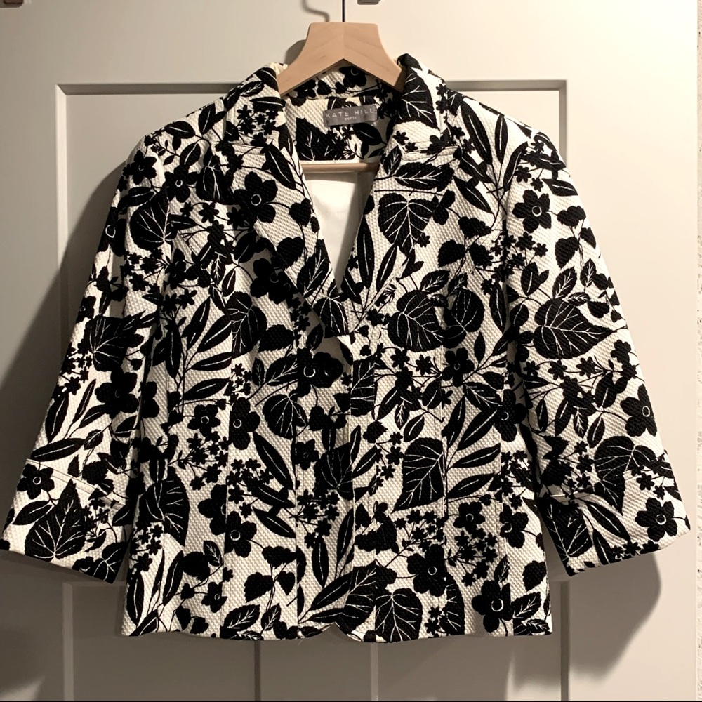 Kate Hill Black and White Floral A-Line Blazer